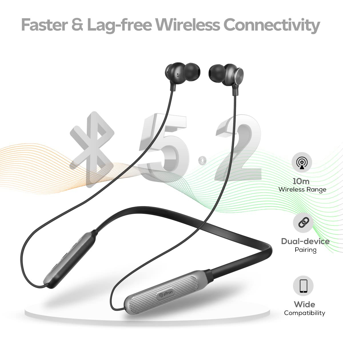 pTron Tangent Duo Bluetooth 52 Wireless in Ear Headphones 13mm Driver Deep Bass HD Calls Fast Charging Type-C Neckband Dual Pairing Voice Assistant IPX4 Water Resistant BlackGrey