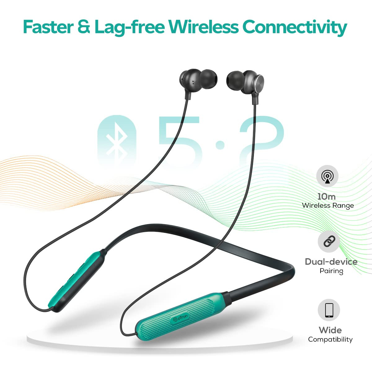 pTron Tangent Duo Bluetooth 52 Wireless in Ear Headphones 13mm Driver Deep Bass HD Calls Fast Charging Type-C Neckband Dual Pairing Voice Assistant IPX4 Water Resistant BlackGreen