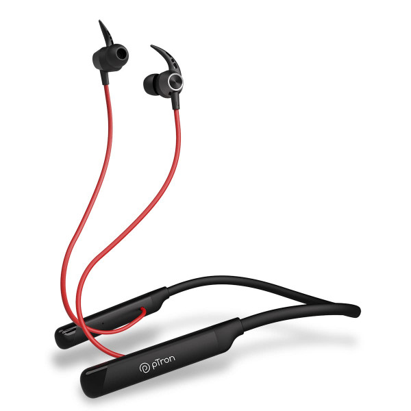 Image of pTron Tangent Sports, 60Hrs Playtime, ENC BT5.2 Headphone, AptSense 40ms Low Latency Gaming, Punchy Bass, Dual Device Pairing, in-Ear Wireless Earphone, HD Mic, Type-C Fast Charging &amp; IPX4 (Black/Red)