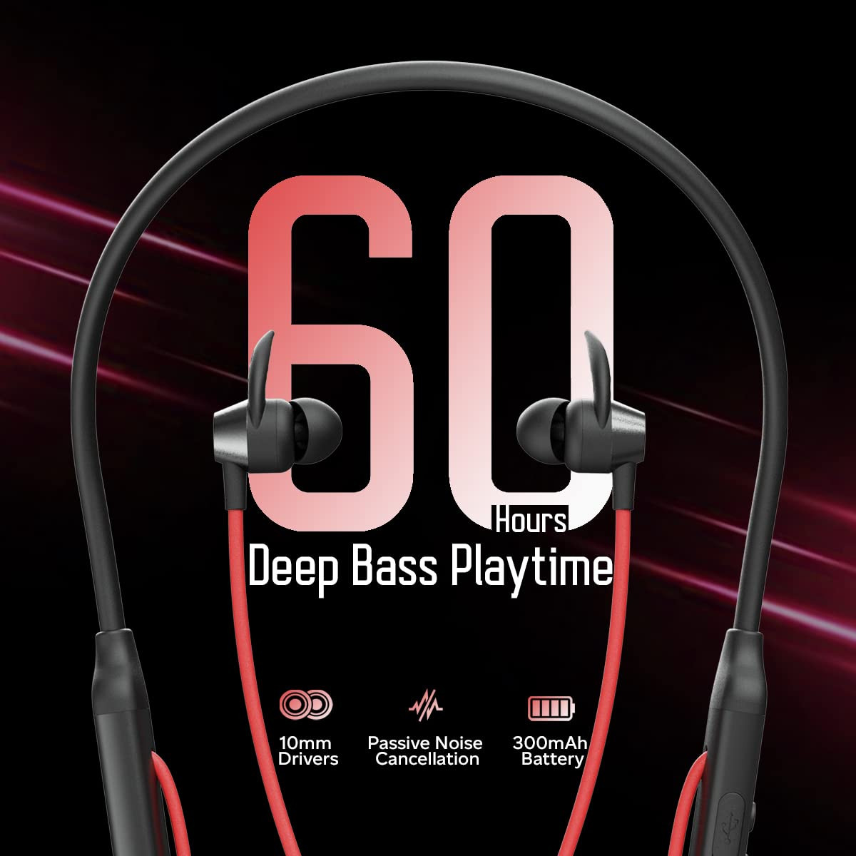 pTron Tangent Sports 60Hrs Playtime ENC BT52 Headphone AptSense 40ms Low Latency Gaming Punchy Bass Dual Device Pairing in-Ear Wireless Earphone HD Mic Type-C Fast Charging IPX4 BlackRed