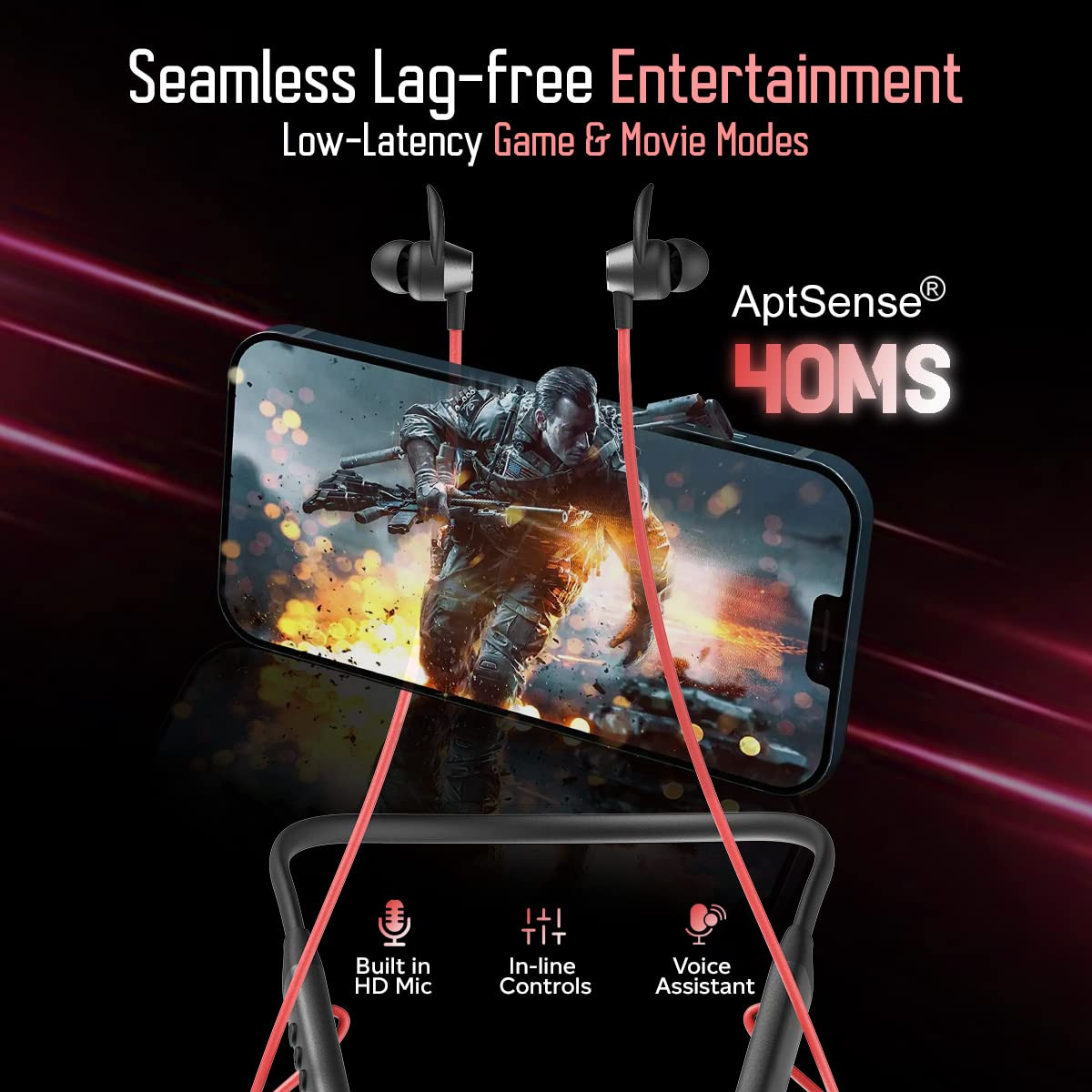 pTron Tangent Sports 60Hrs Playtime ENC BT52 Headphone AptSense 40ms Low Latency Gaming Punchy Bass Dual Device Pairing in-Ear Wireless Earphone HD Mic Type-C Fast Charging IPX4 BlackRed