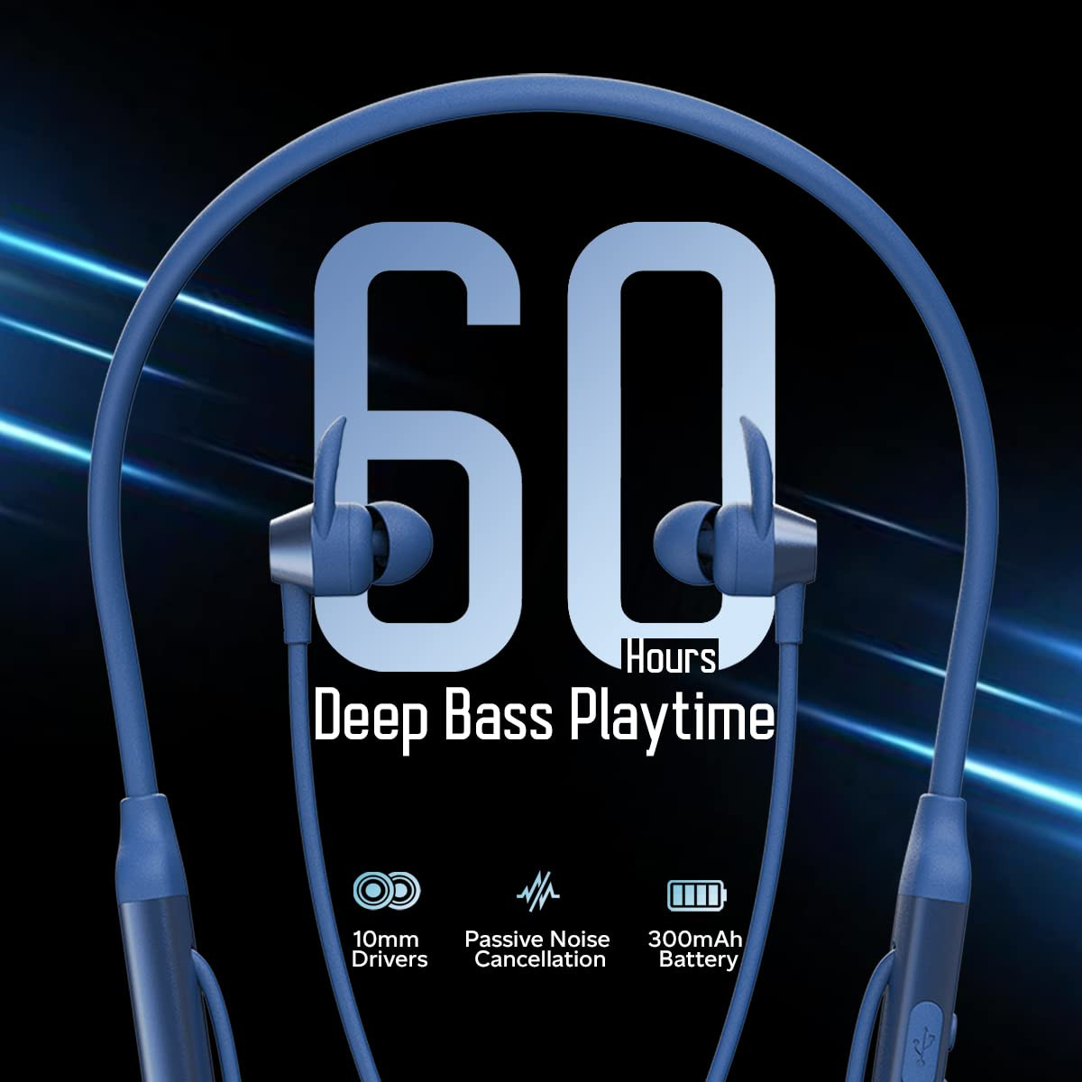 pTron Tangent Sports 60Hrs Playtime ENC BT52 Headphones AptSense 40ms Low Latency Gaming Deep Bass Dual Pairing in-Ear Wireless Earphone HD Mic Type-C Fast Charging Voice Assist Blue