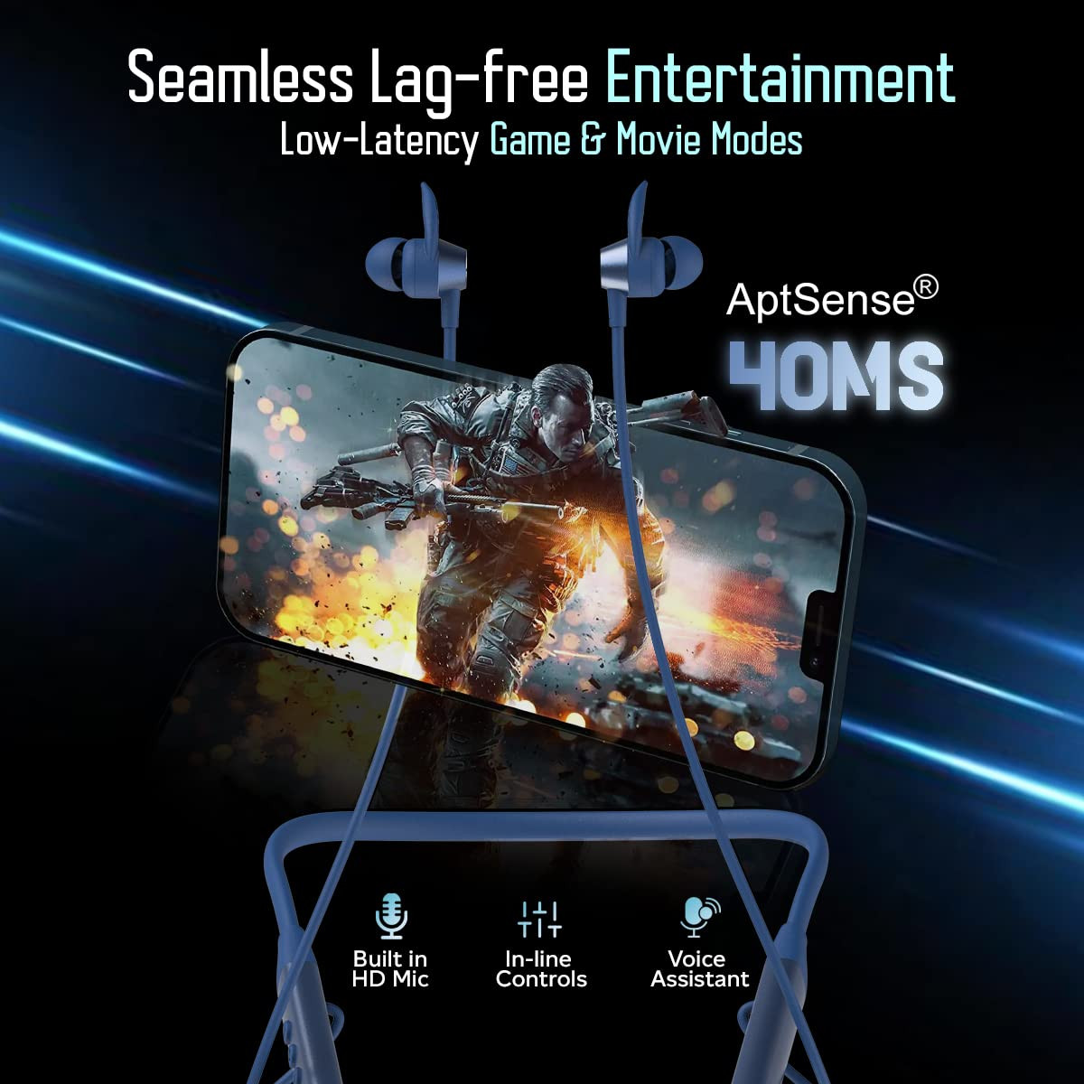 pTron Tangent Sports 60Hrs Playtime ENC BT52 Headphones AptSense 40ms Low Latency Gaming Deep Bass Dual Pairing in-Ear Wireless Earphone HD Mic Type-C Fast Charging Voice Assist Blue