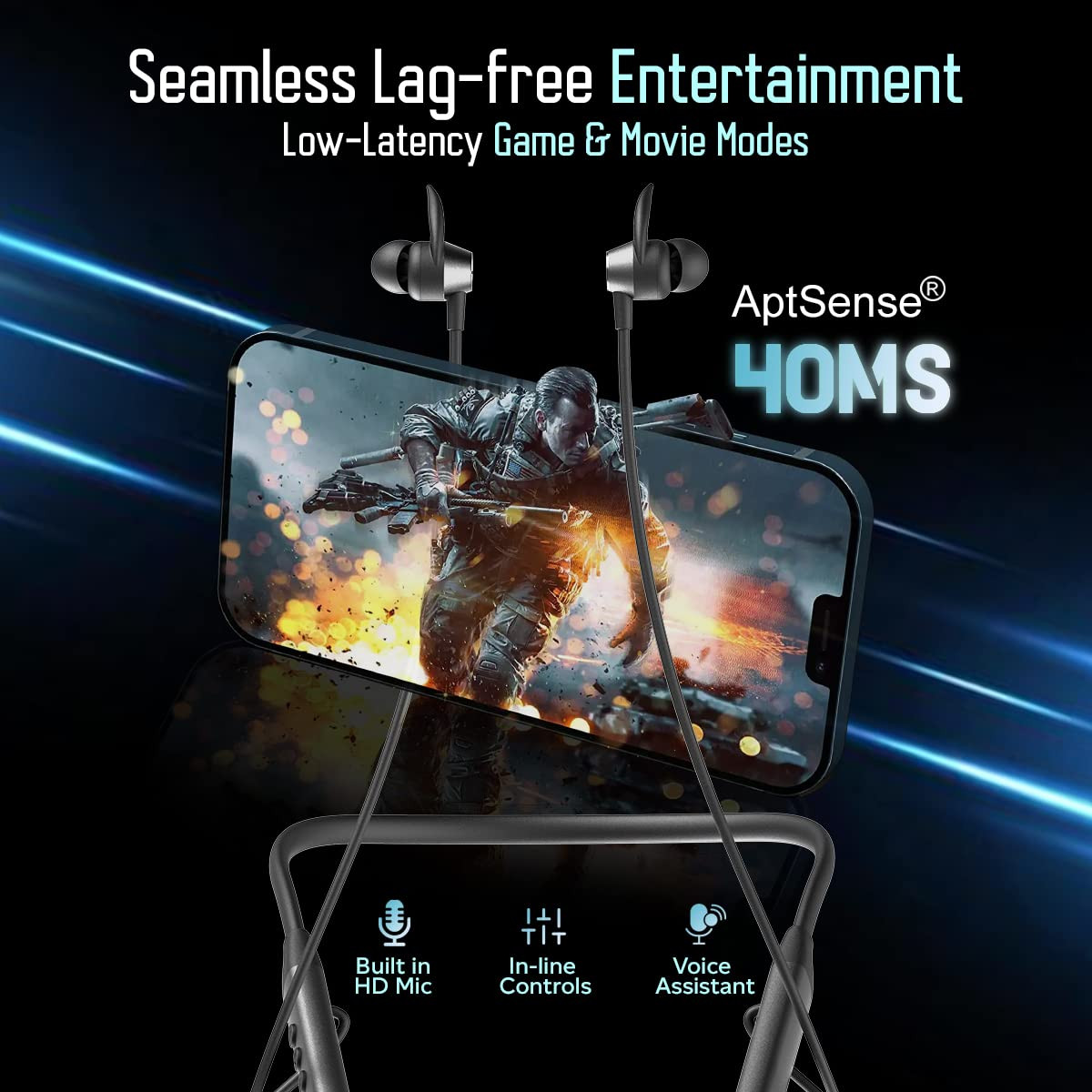 pTron Tangent Sports 60Hrs Playtime ENC Calls BT52 Headphone AptSense 40ms Low Latency Gaming HD Mic Dual Device Pairing in-Ear Wireless Earphone Type-C Fast Charging Voice Assist Black