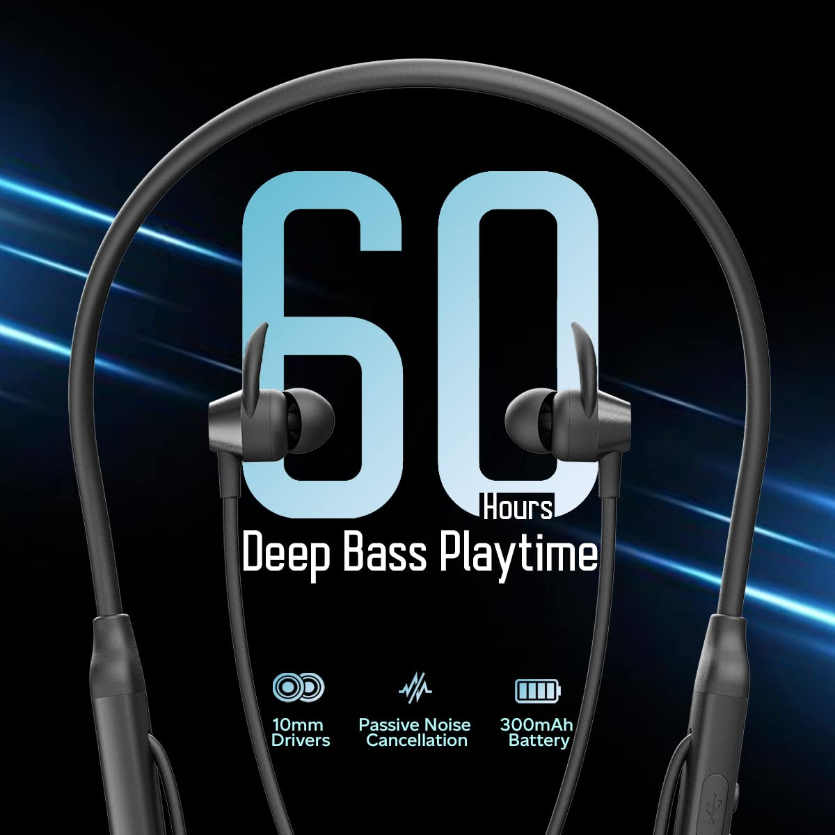 pTron Tangent Sports 60Hrs Playtime ENC Calls BT52 Headphone AptSense 40ms Low Latency Gaming HD Mic Dual Device Pairing in-Ear Wireless Earphone Type-C Fast Charging Voice Assist Black