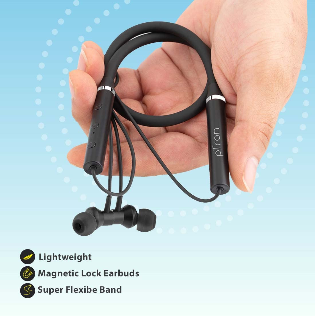 pTron Tangentbeat in-Ear Bluetooth 50 Wireless Headphones with Mic Deep Bass 10mm Drivers Clear Calls Dual Pairing Fast Charging Magnetic Buds Voice Assistant IPX4 Wireless Neckband Black