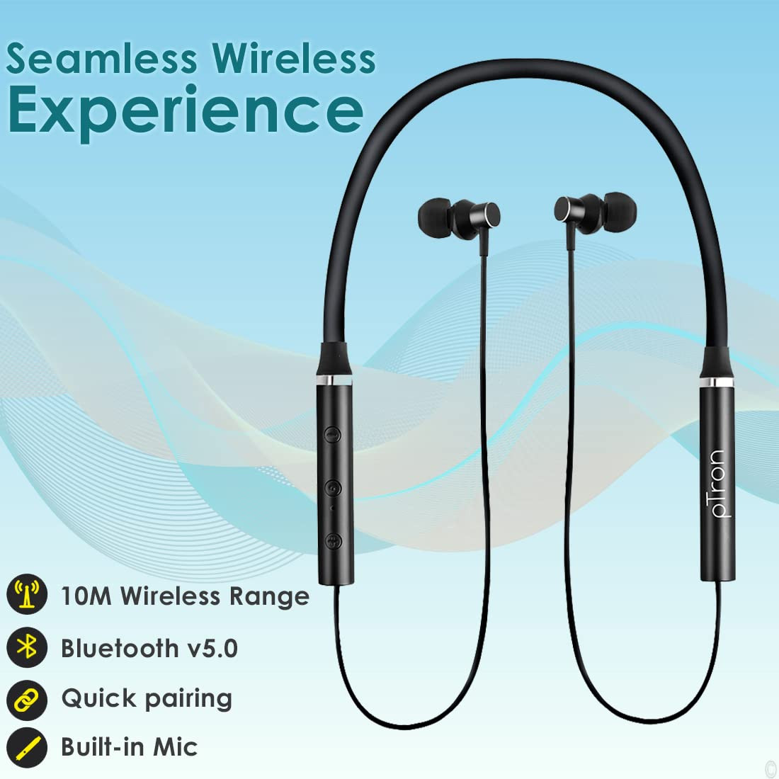 pTron Tangentbeat in-Ear Bluetooth 50 Wireless Headphones with Mic Deep Bass 10mm Drivers Clear Calls Dual Pairing Fast Charging Magnetic Buds Voice Assistant IPX4 Wireless Neckband Black