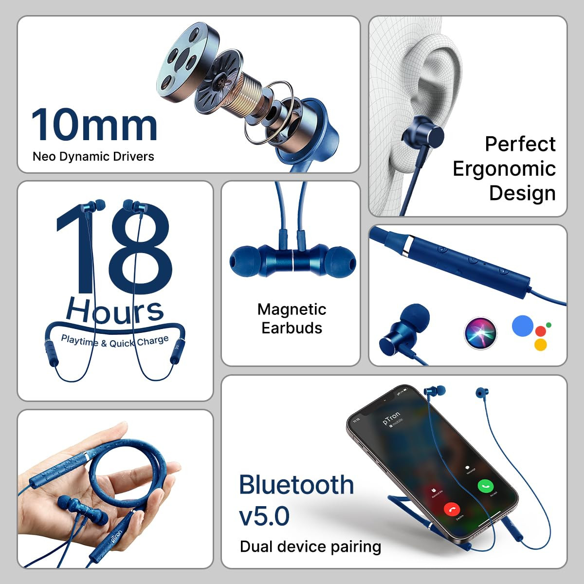 pTron Tangentbeat in Ear Bluetooth Wireless Headphones with Mic Punchy Bass 10mm Drivers Clear Calls Dual Pairing Fast Charging Magnetic Buds Voice Assist IPX4 Wireless Neckband Dark Blue