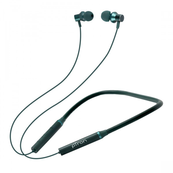 Image of pTron Tangentbeat in-Ear Bluetooth Wireless Headphones with Mic, Punchy Bass, 10mm Drivers, Clear Calls, Dual Pairing, Fast Charging, Magnetic Buds, Voice Assist. &amp; IPX4 Wireless Neckband (Dark Green)