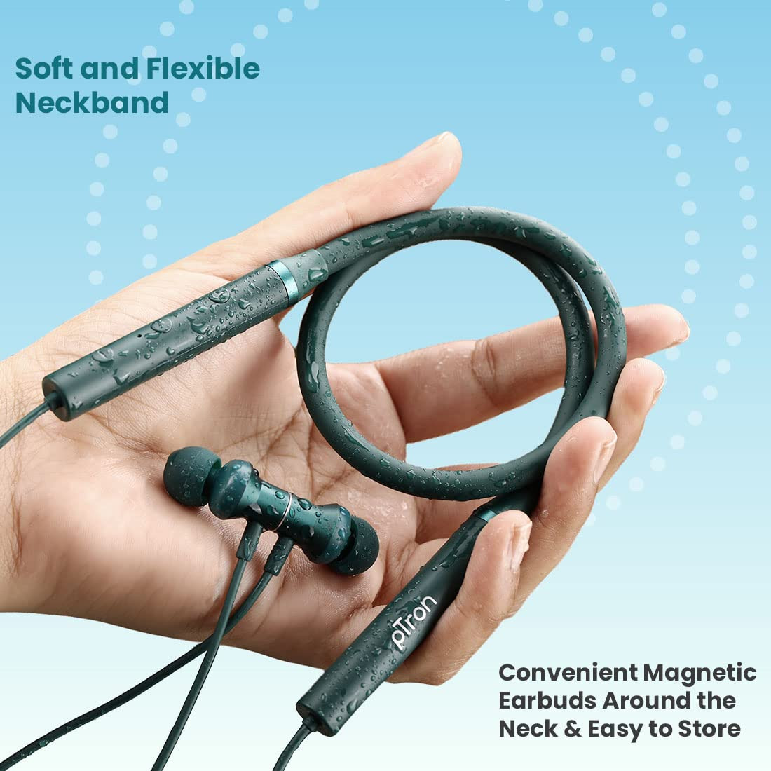 pTron Tangentbeat in-Ear Bluetooth Wireless Headphones with Mic Punchy Bass 10mm Drivers Clear Calls Dual Pairing Fast Charging Magnetic Buds Voice Assist IPX4 Wireless Neckband Dark Green