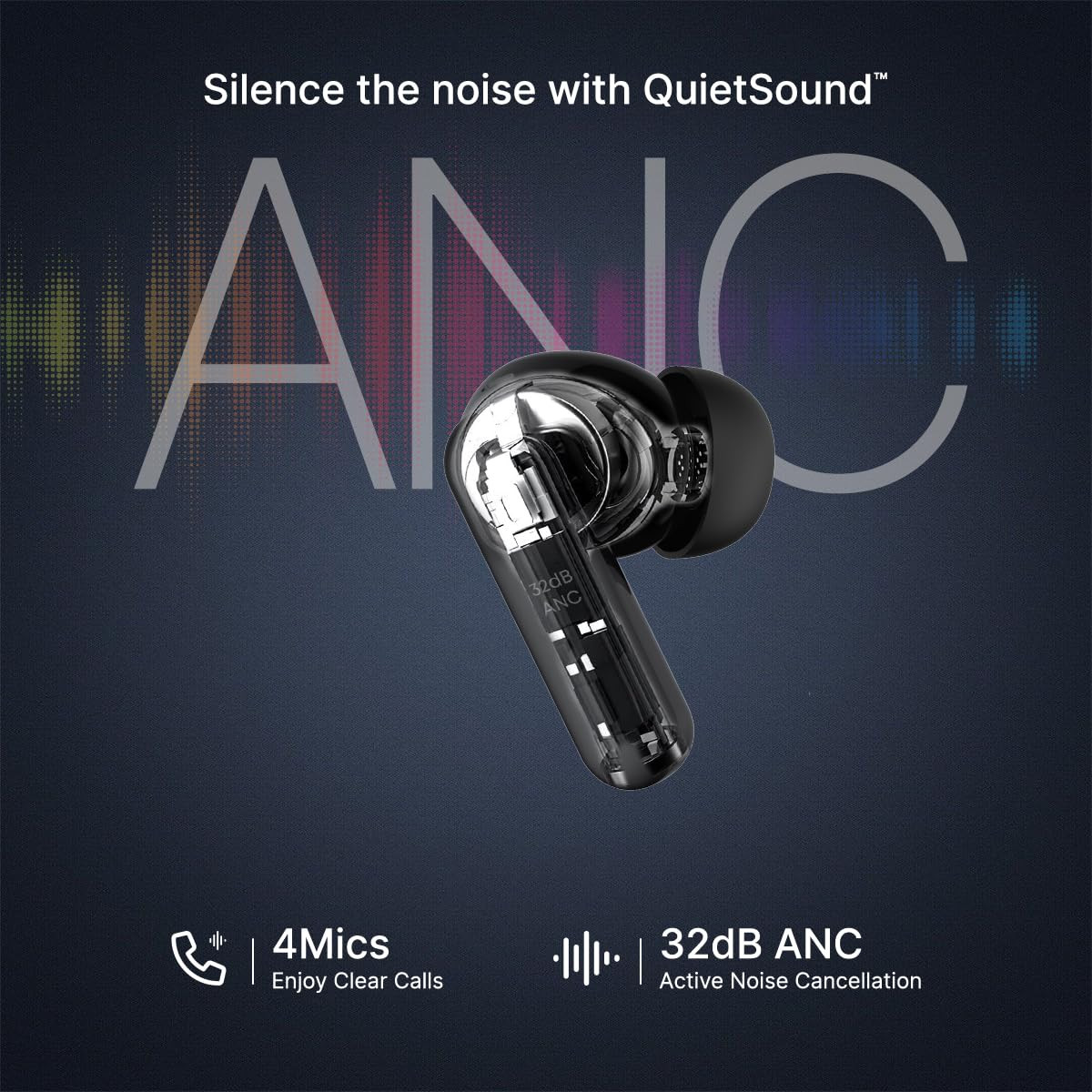 pTron Zenbuds 1 V2 ANC Bluetooth in Ear Earbuds 32Db Quietsound Tech13Mm Hyperdrivers with 4D Panaromic Audio4 Quadpro ANC Mics40Ms Low Latency GameMusic ModesBluetooth V53Black