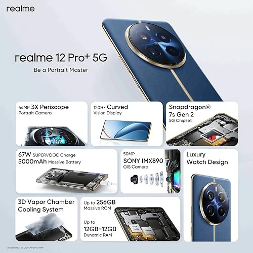 realme 12 Pro 5G Submarine Blue 8GB RAM 256GB Storage 67 120Hz Curved AMOLED Display 64MP Periscope 50MP Sony IMX 890 OIS Camera 8MP 32MP Selfie Camera 67W Super VOOC Charge