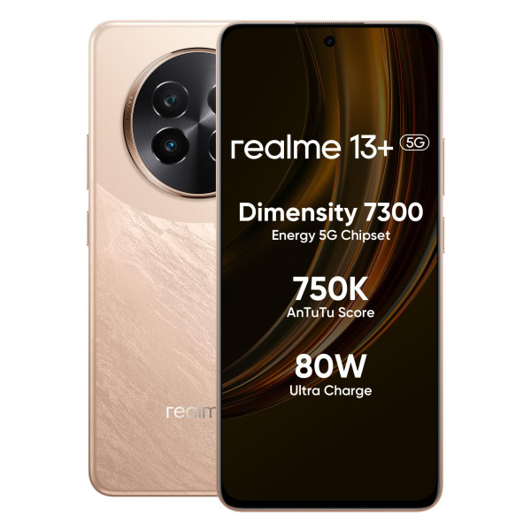 Image of realme 13+ 5G Smartphone 12+256GB Victory Gold, 6.67-inch Screen, 120Hz Display, 80W SuperVOOC, 5000mAh Battery, 50MP Camera, Dimensity 7300 Energy, IP65