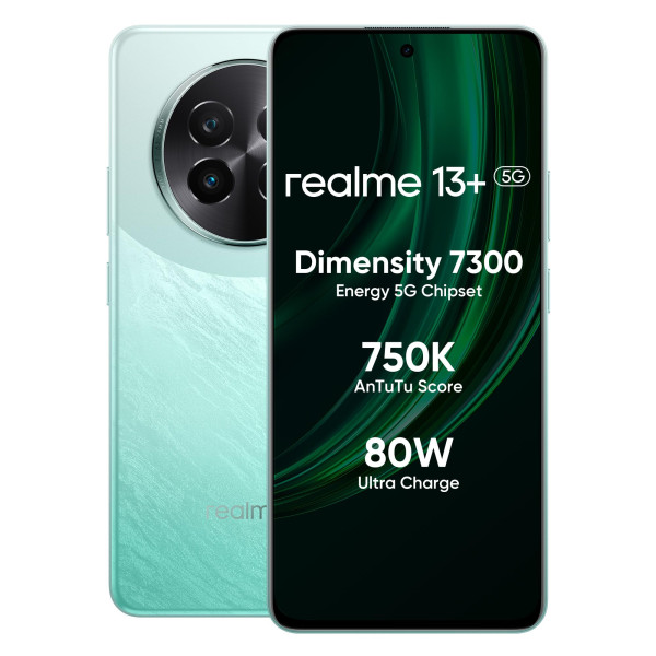 Image of realme 13+ 5G Smartphone 8+256GB Speed Green, 6.67-inch Screen, 120Hz Display, 80W SuperVOOC, 5000mAh Battery, 50MP Camera, Dimensity 7300 Energy, IP65