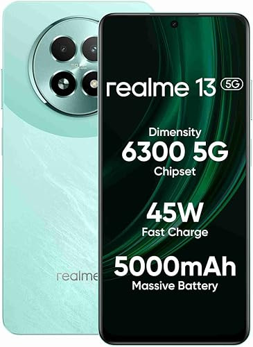 realme 13 5G Speed Green 8GB RAM 128GB Storage  Expandable Upto 2TB  Up to 18GB Dynamic RAM  50MP AI Dual Camera  672 AMOLED Display  45W Ultra Charging  Dimensity 6300 Processor