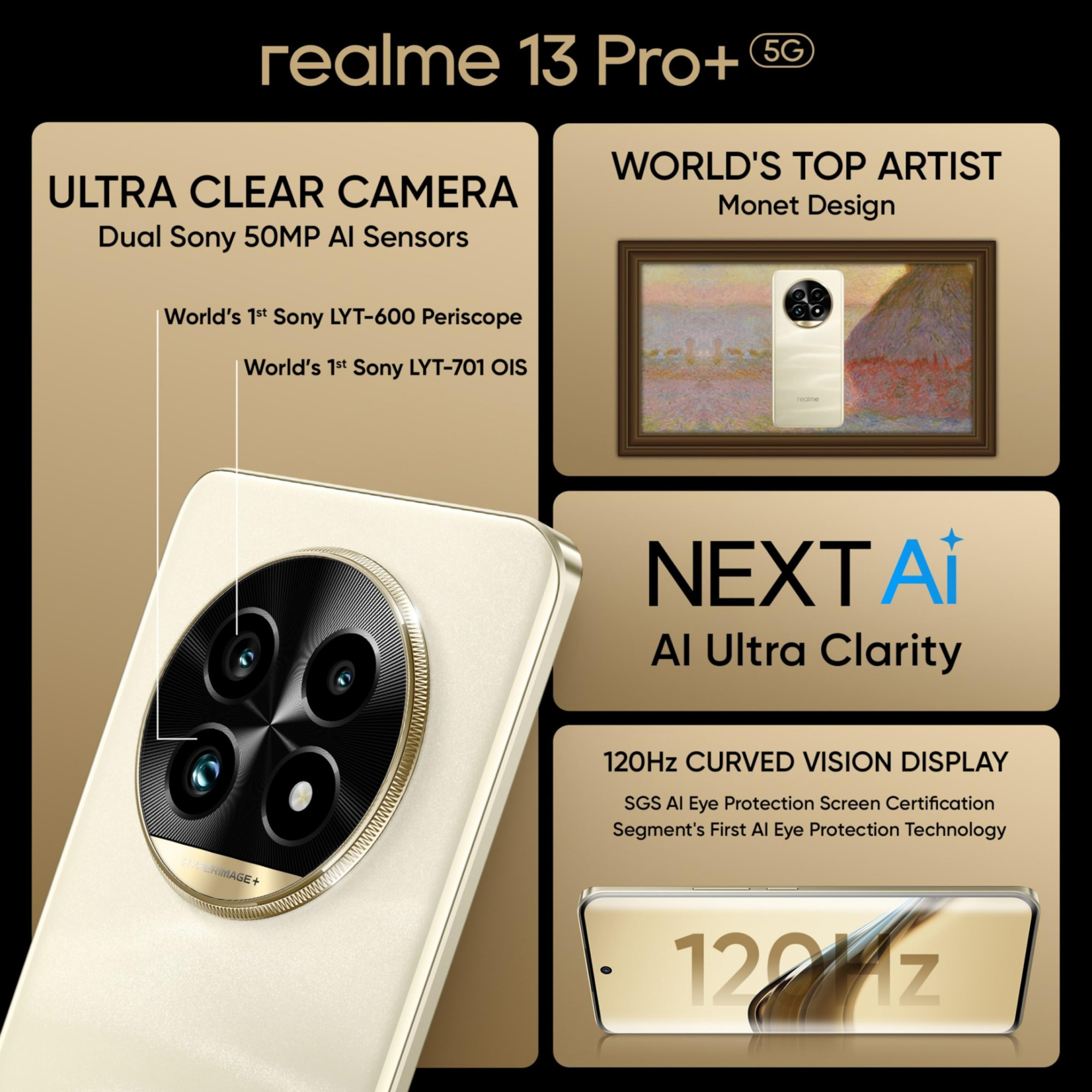 realme 13 Pro 5G Monet Gold 12GB RAM 256GB Storage Upto 24GB Dynamic RAM Snapdragon 7s Gen 2 Processor 67 Curved Display 50MP8MP50MP 32MP Front Cam AI Ultra Clarity 80W SUPERVOOC