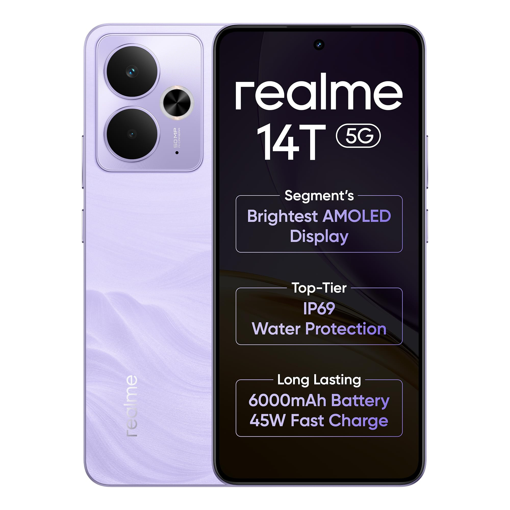 realme 14T 5G Smartphone 8128GB Lightning Purple 667-inch Screen 120Hz Display 6000mAh Battery 68MP Camera MediaTek Dimensity 6300 IP69