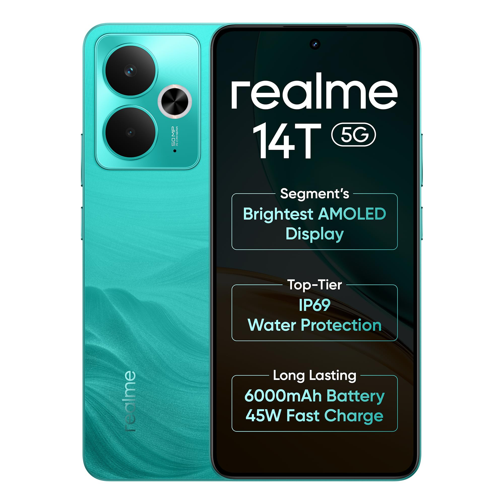 realme 14T 5G Smartphone 8128GB Surf Green 667-inch Screen 120Hz Display 6000mAh Battery 68MP Camera MediaTek Dimensity 6300 IP69