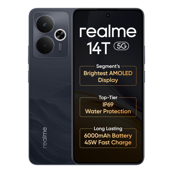 Image of realme 14T 5G Smartphone 8+256GB Obsidian Black, 6.67-inch Screen, 120Hz Display, 6000mAh Battery, 68MP Camera, MediaTek Dimensity 6300, IP69