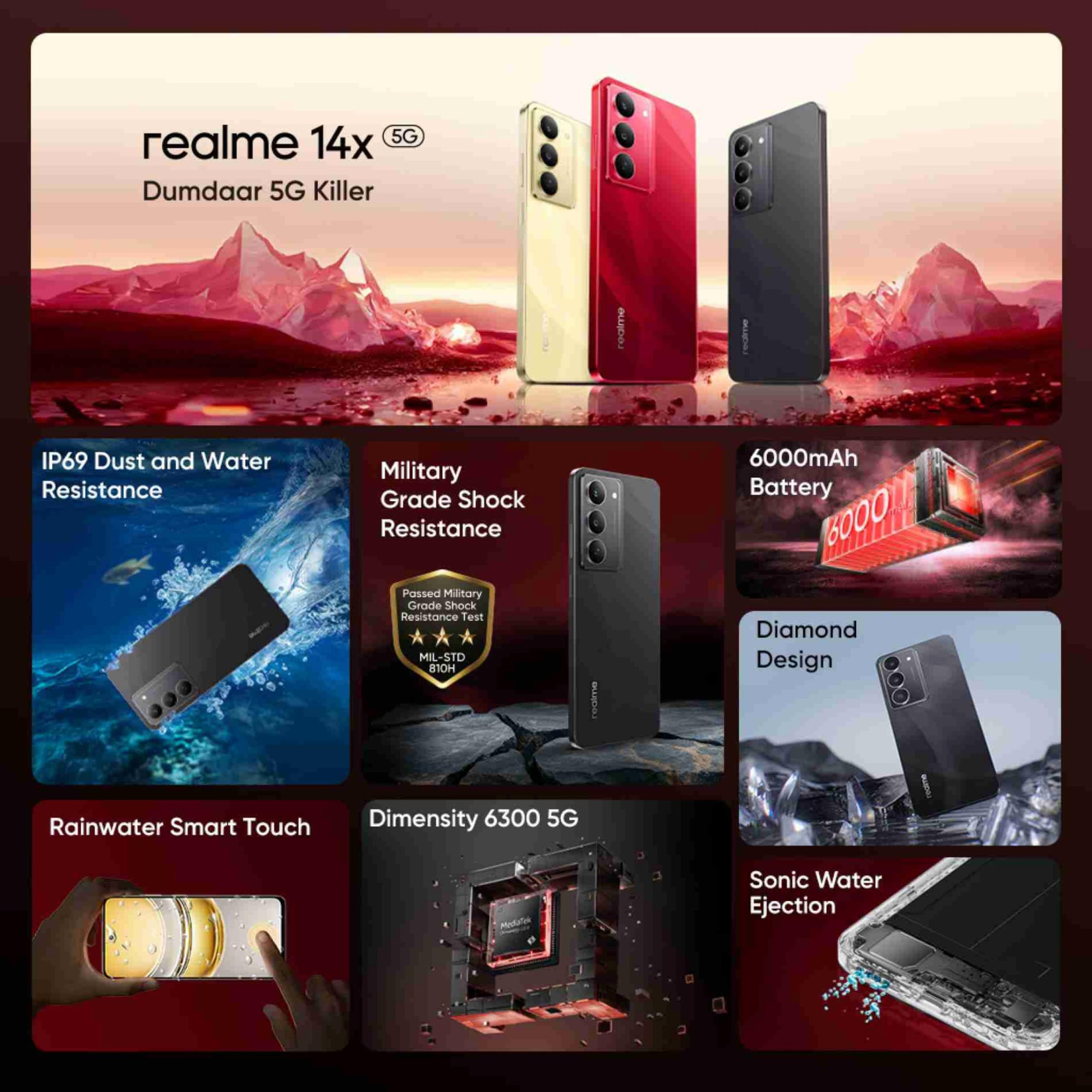 realme 14x 5G Golden Glow 6GB RAM 128GB Storage Crystal Black 8GB RAM 128 GB Storage