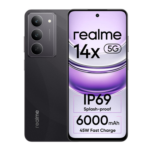 Image of realme 14x 5G Smartphone 8+128GB Crystal Black, 6.67-inch Screen, 120Hz Display, 6000mAh Battery, 80MP, MediaTek Dimensity 6300, ArmorShell Protection, IP69
