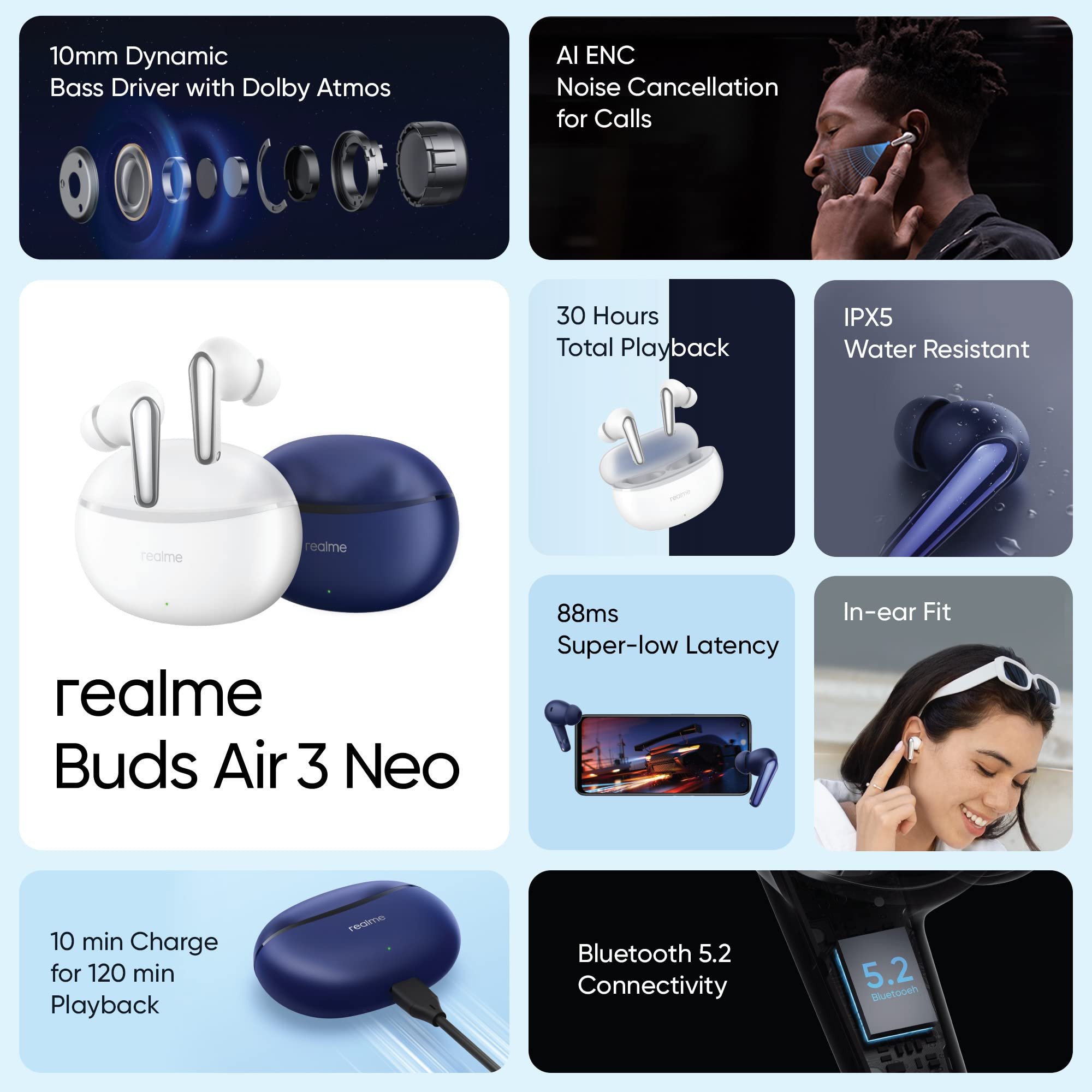 realme Buds Air 3 Neo True Wireless in-Ear Earbuds with Mic 30 hrs Playtime with Fast Charging and Dolby Atmos Support Starry Blue