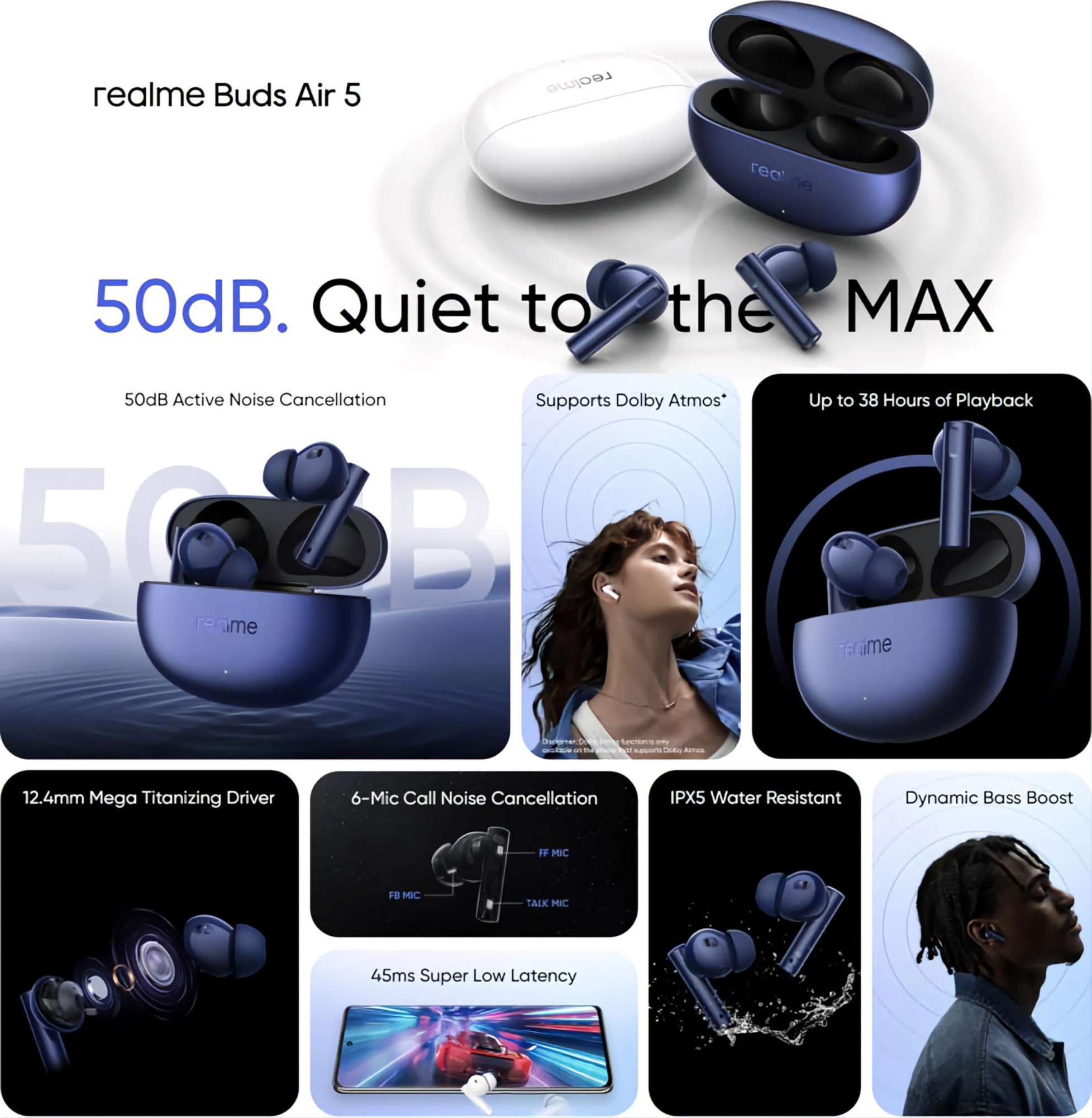 realme Buds Air 5 Truly Wireless in Ear Earbuds with 50dB ANC 124mm Mega Titanized Dynamic Bass Driver Upto 38Hrs Battery with Fast Charging 45ms Ultra-Low Latency for Gaming Arctic White
