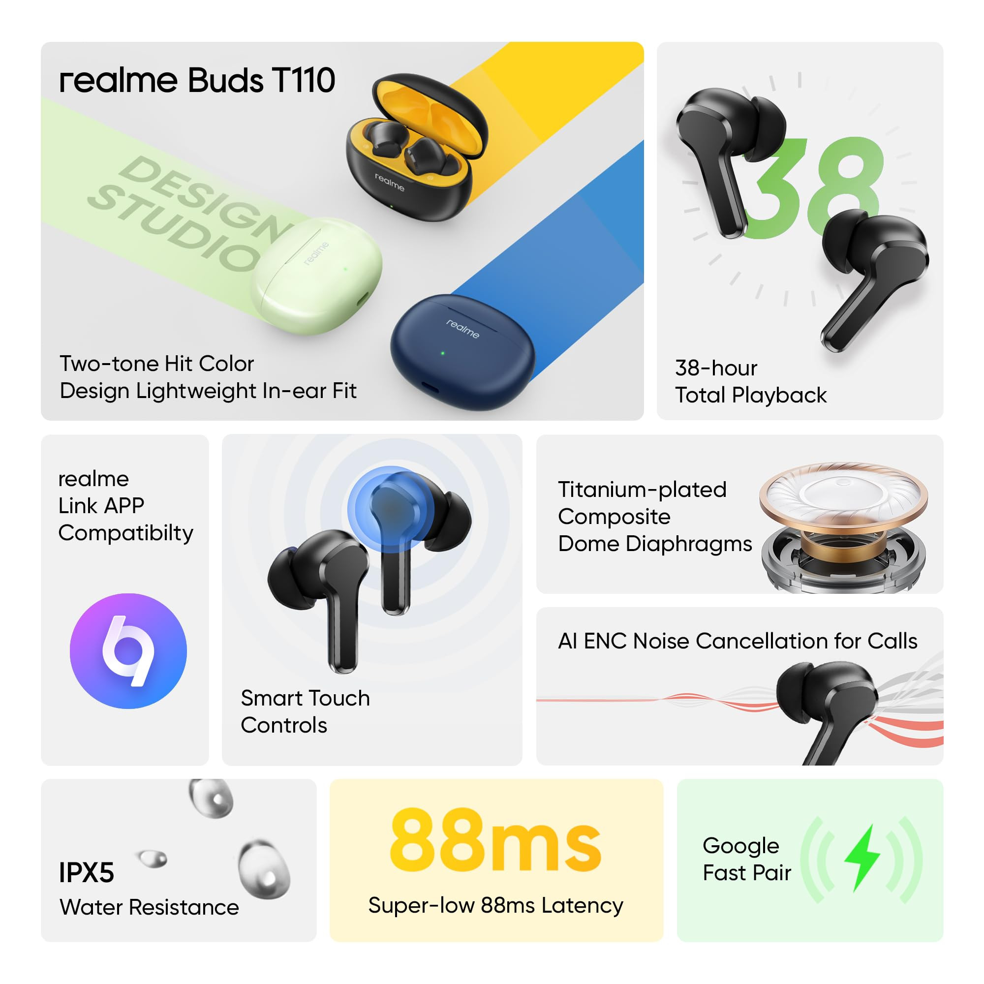 realme Buds T110 Bluetooth Truly Wireless in Ear Earbuds with mic AI ENC for Calls Google Fast Pair 38 Hours Total Playback with Fast Charging and Low Latency Gaming Mode Punk Black
