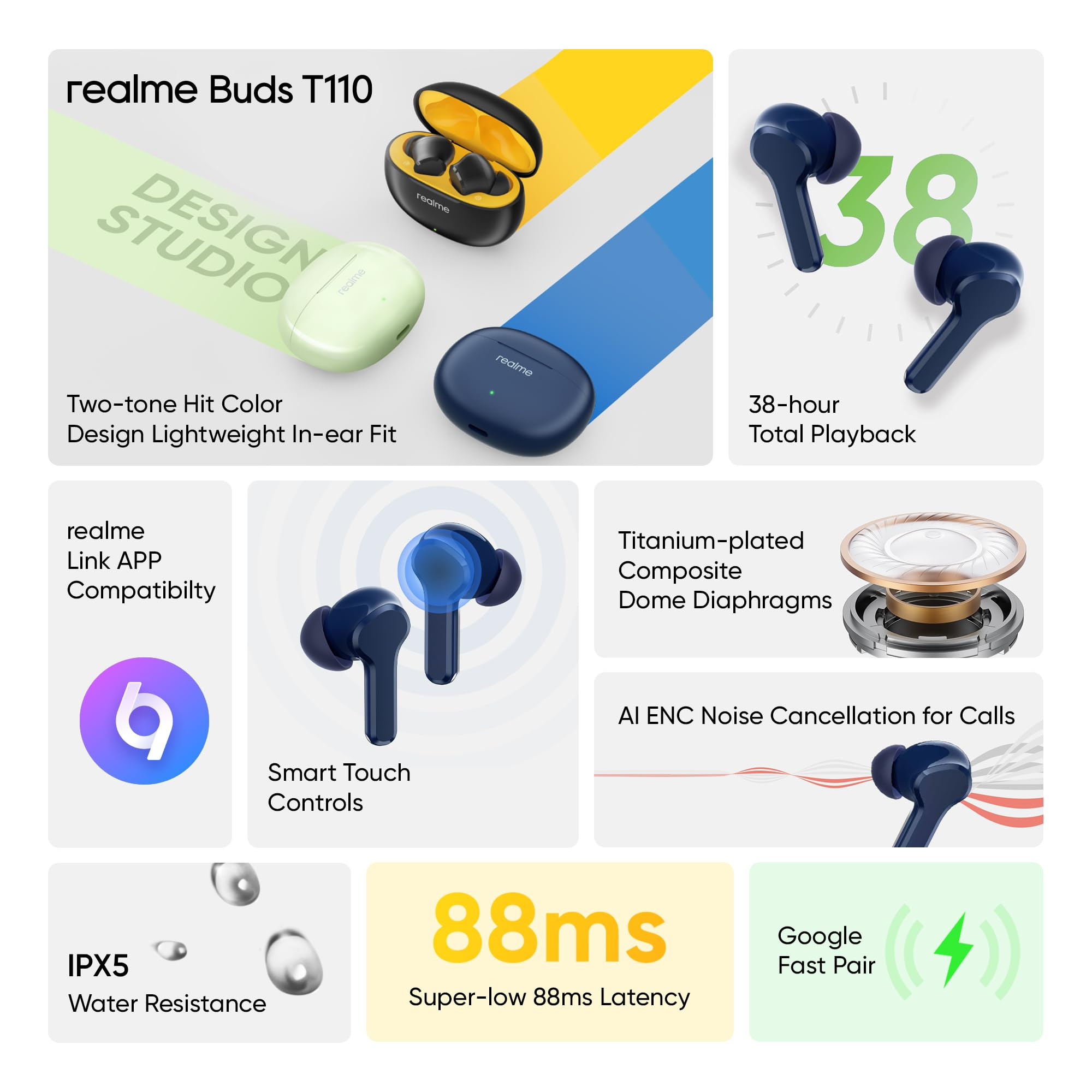 realme Buds T110 Bluetooth Truly Wireless in Ear Earbuds with mic AI ENC for Calls Google Fast Pair 38 Hours Total Playback with Fast Charging and Low Latency Gaming Mode Jazz Blue