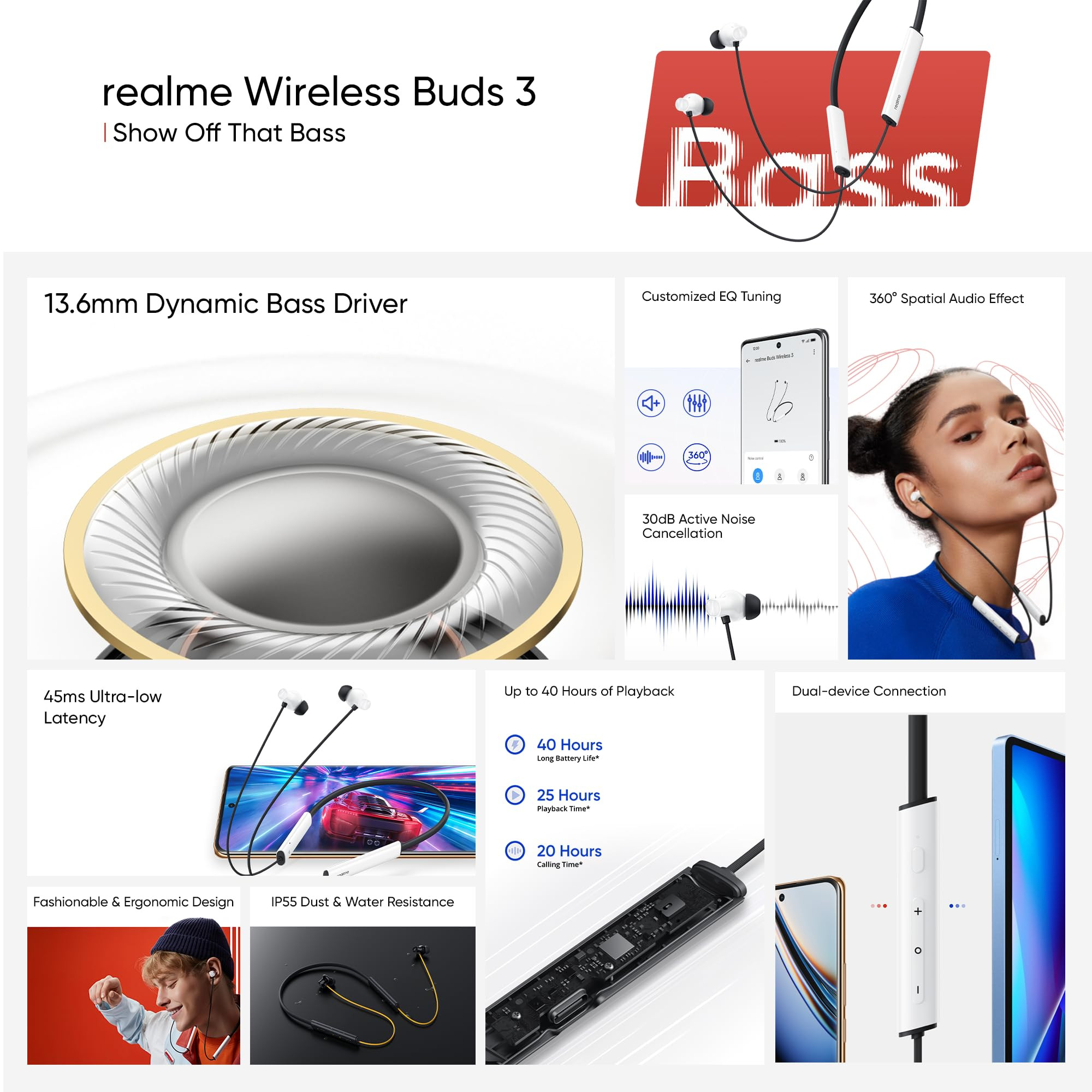 realme Buds Wireless 3 in Ear Bluetooth Headphones30dB ANC Spatial Audio136mm Dynamic Bass DriverUpto 40 Hours Playback Fast Charging 45ms Low Latency for GamingDual Device Connection Black