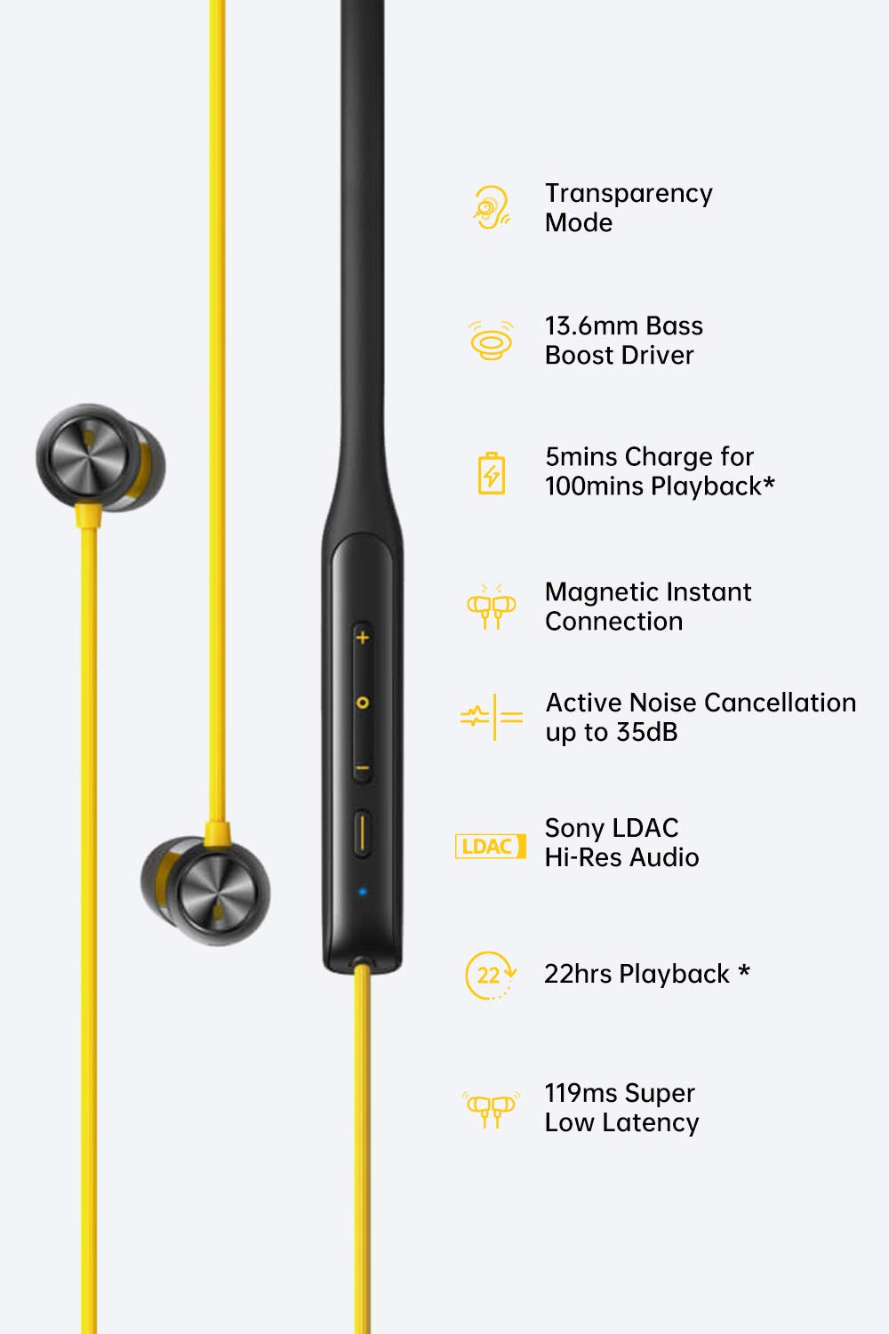 realme Buds Wireless Pro Bluetooth in Ear Earphones with Mic Fast Charging Up to 22Hrs Playtime Yellow