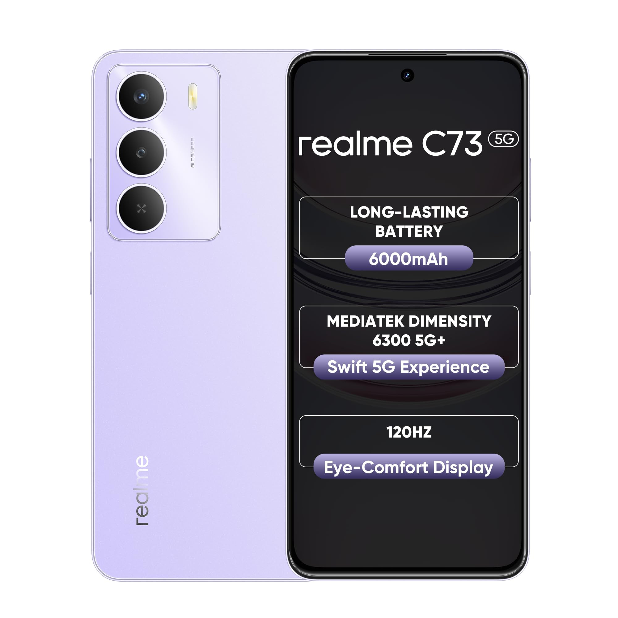 realme C73 5G Smartphone 4128GB Crystal Purple667-inch Screen 120Hz Display6000mAh Battery 40MP Camera MediaTek Dimensity 6300 Processor IP64