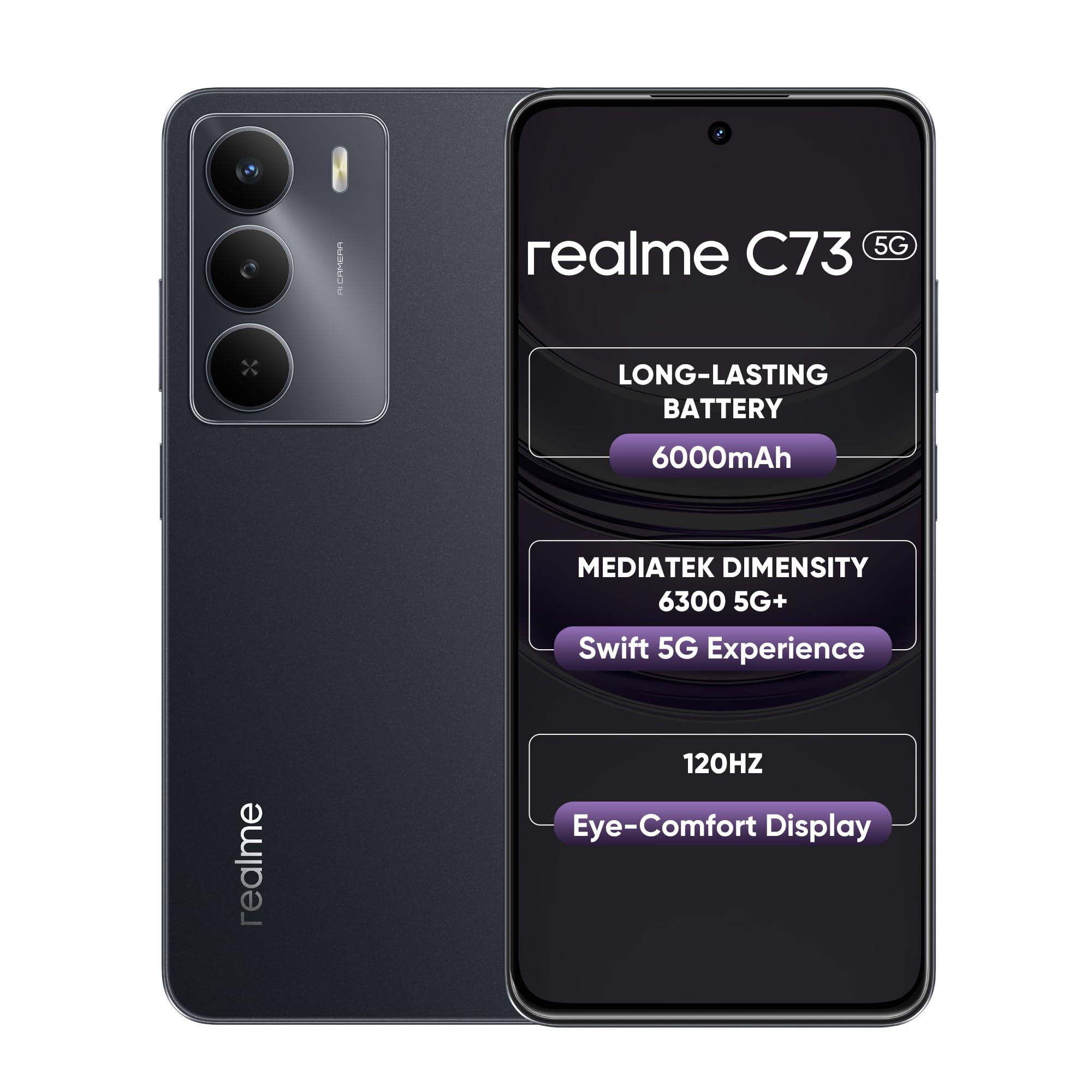 realme C73 5G Smartphone 464GB Onyx Black667-inch Screen 120Hz Display6000mAh Battery 40MP Camera MediaTek Dimensity 6300 Processor IP64