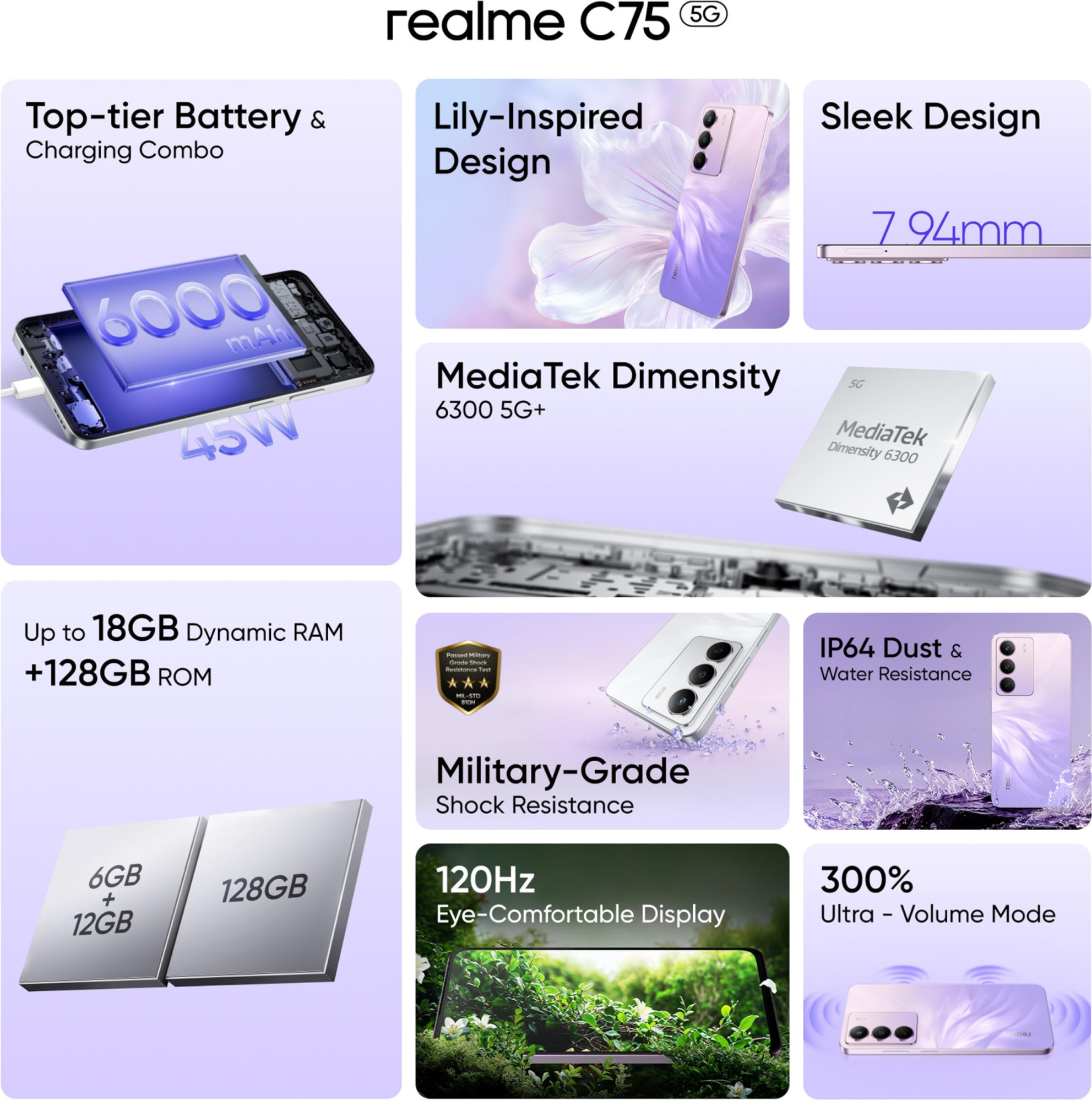realme C75 Purple Blossom 4GB RAM 128GB Storage 6000mAh Battery 50MP AI Camera 672 FHD Display Android 15