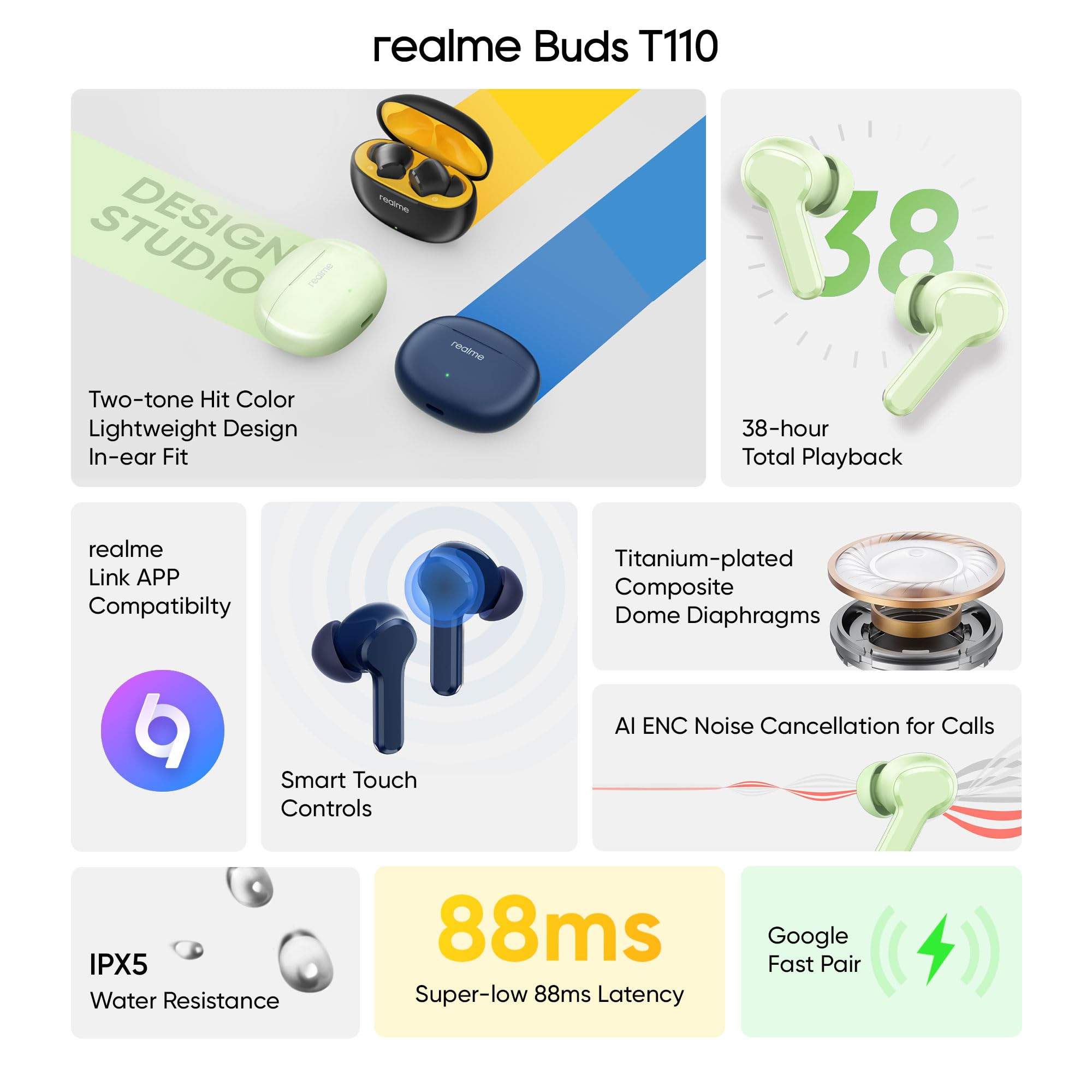 realme Earbuds T110 with Ai Enc for Calls Upto 38 Hours of Playback and Fast Charging Bluetooth in Ear Headset Country Green True Wireless