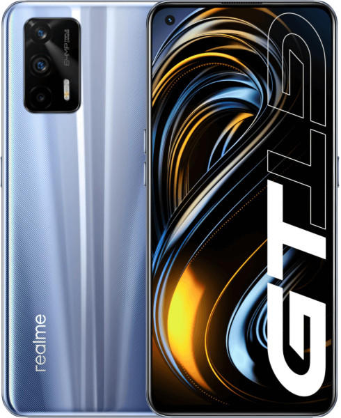 Image of realme GT 5G in Dashing Silver Comes with 8GB RAM, 128GB, 6.43-inch 120Hz Display, Snapdragon 888 Processor, 64MP Triple Rear Camera, 16MP Front Camera, and 4500mAh Battery with 65W Fast Charging.