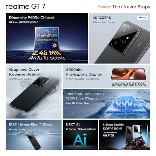 realme GT 7 IceSense Black12GB512GB Indias 1st MediaTek Dimensity 9400e Chipset Strongest Battery Combo 7000mAh 120W AI 4K 120FPS Travel Camera 360 Cooling IceSense Design with Graphene