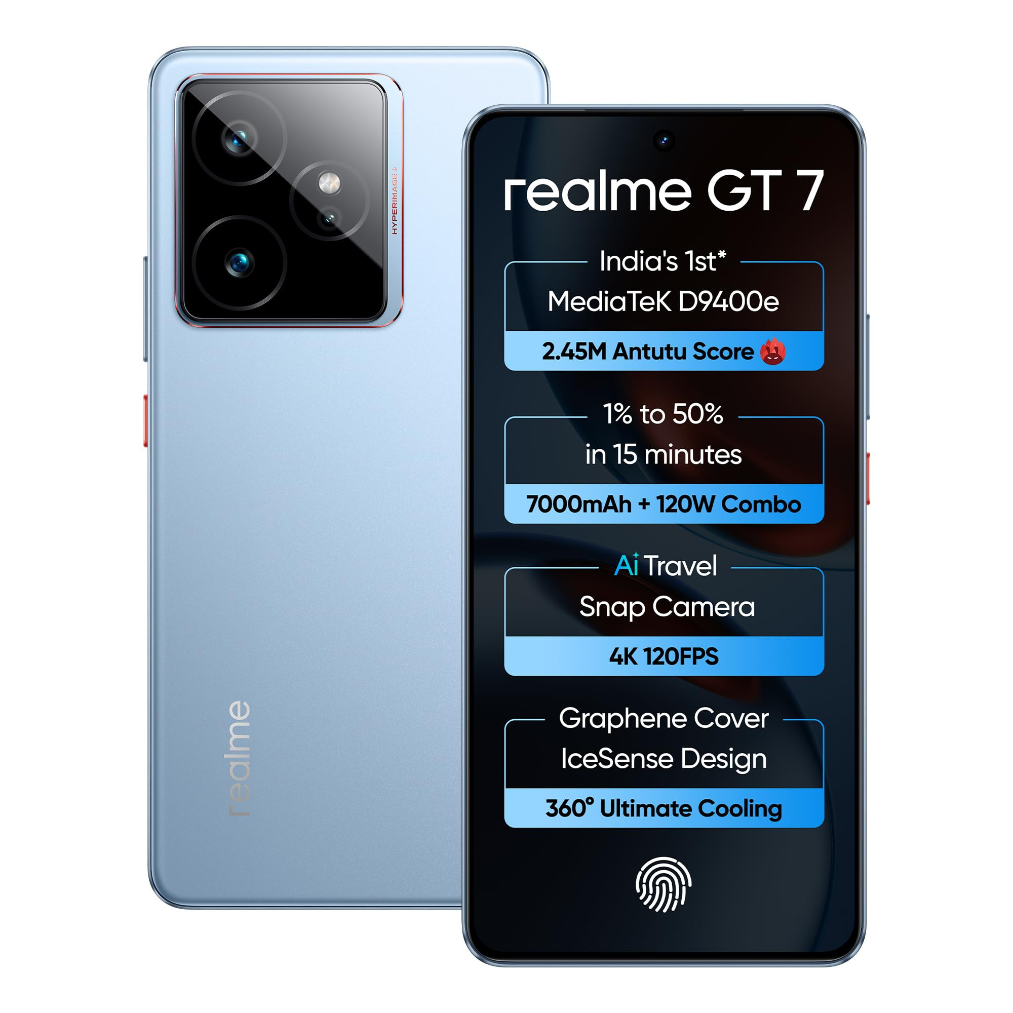 realme GT 7 IceSense Blue8GB256GB Indias 1st MediaTek Dimensity 9400e Chipset Strongest Battery Combo 7000mAh 120W AI 4K 120FPS Travel Camera 360 Cooling IceSense Design with Graphene