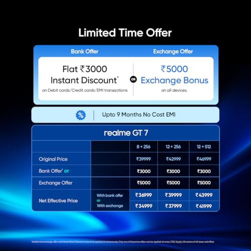 realme GT 7 IceSense Blue8GB256GB Indias 1st MediaTek Dimensity 9400e Chipset Strongest Battery Combo 7000mAh 120W AI 4K 120FPS Travel Camera 360 Cooling IceSense Design with Graphene