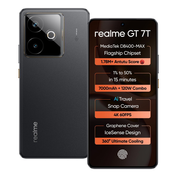 Image of realme GT 7T (IceSense Black,12GB+256GB) | MediaTek D8400 MAX | Strongest Battery Combo 7000mAh + 120W | AI 4K 60FPS Travel Camera | 360° Cooling IceSense Design with Graphene | 6000 nits Display