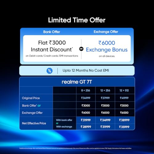 realme GT 7T IceSense Black12GB512GB MediaTek D8400 MAX Strongest Battery Combo 7000mAh 120W AI 4K 60FPS Travel Camera 360 Cooling IceSense Design with Graphene 6000 nits Display