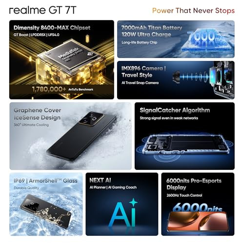 realme GT 7T IceSense Black8GB256GB MediaTek D8400 MAX Strongest Battery Combo 7000mAh 120W AI 4K 60FPS Travel Camera 360 Cooling IceSense Design with Graphene 6000 nits Display