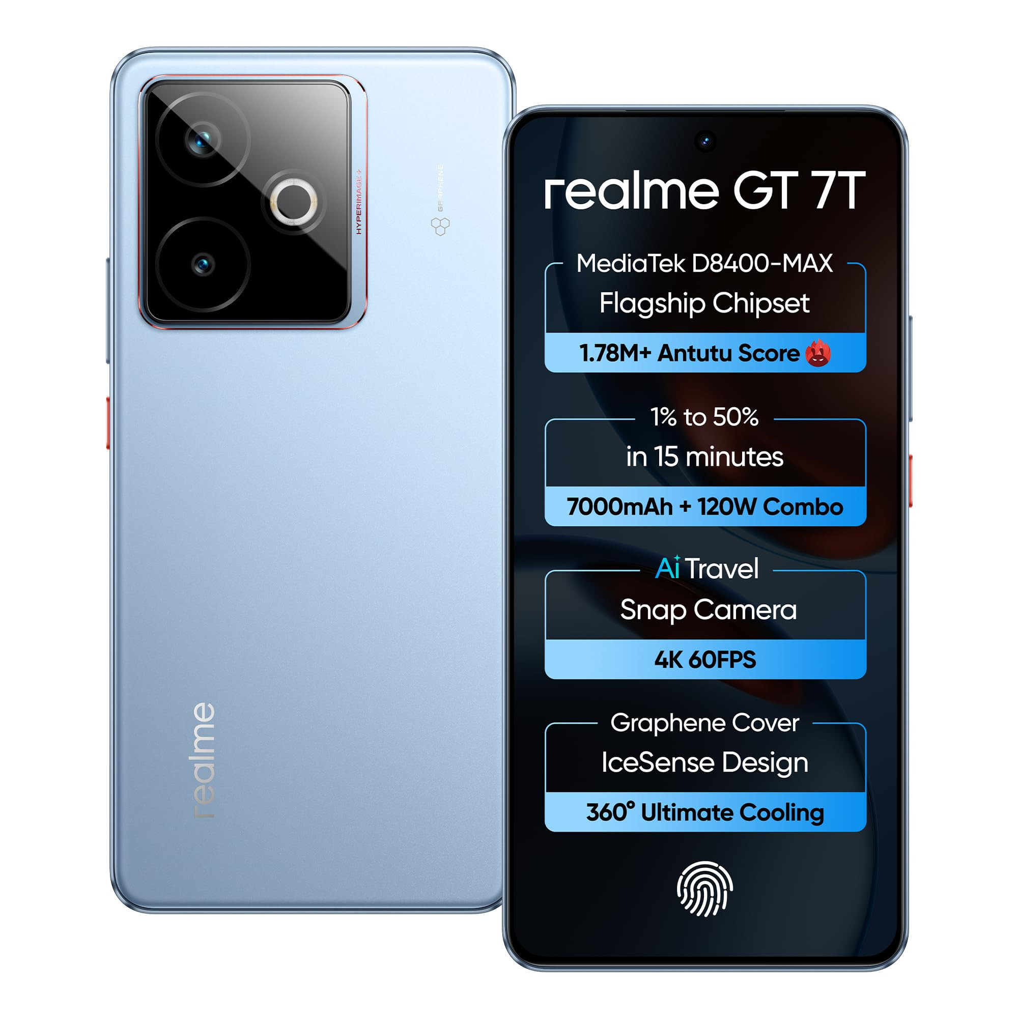 realme GT 7T IceSense Blue8GB256GB MediaTek D8400 MAX Strongest Battery Combo 7000mAh 120W AI 4K 60FPS Travel Camera 360 Cooling IceSense Design with Graphene 6000 nits Display