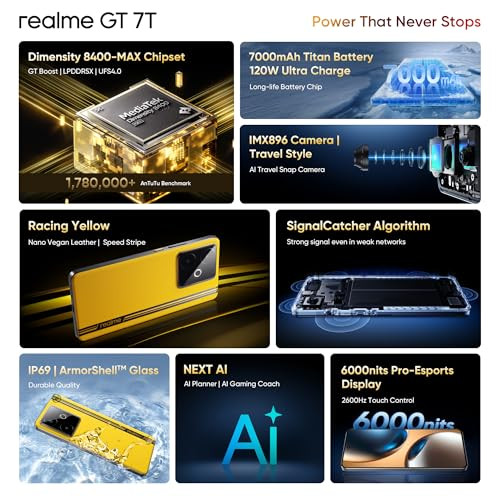realme GT 7T Racing Yellow8GB256GB MediaTek D8400 MAX Strongest Battery Combo 7000mAh 120W AI 4K 60FPS Travel Camera 360 Cooling IceSense Design with Graphene 6000 nits Display