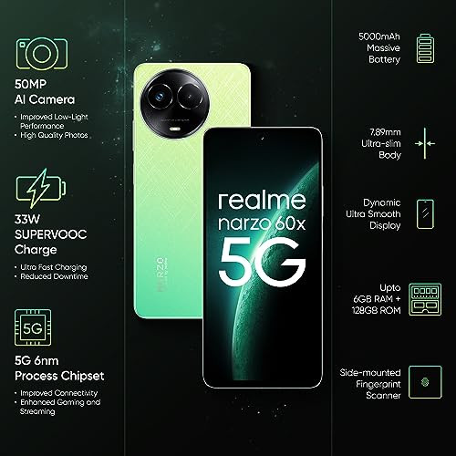 realme narzo 60X 5G Stellar Green6GB128GB Storage Up to 2TB External Memory 50 MP AI Primary Camera Segments only 33W Supervooc Charge