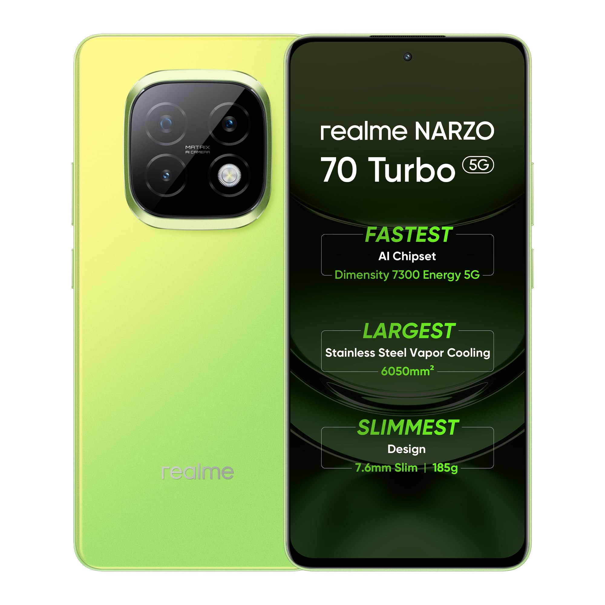 realme NARZO 70 Turbo 5G Turbo Green 8GB RAM128GB Storage Segments Fastest Dimensity 7300 Energy 5G Chipset Motorsports Inspired Design