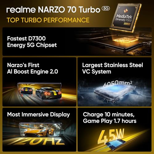realme NARZO 70 Turbo 5G Turbo Green 8GB RAM128GB Storage Segments Fastest Dimensity 7300 Energy 5G Chipset Motorsports Inspired Design