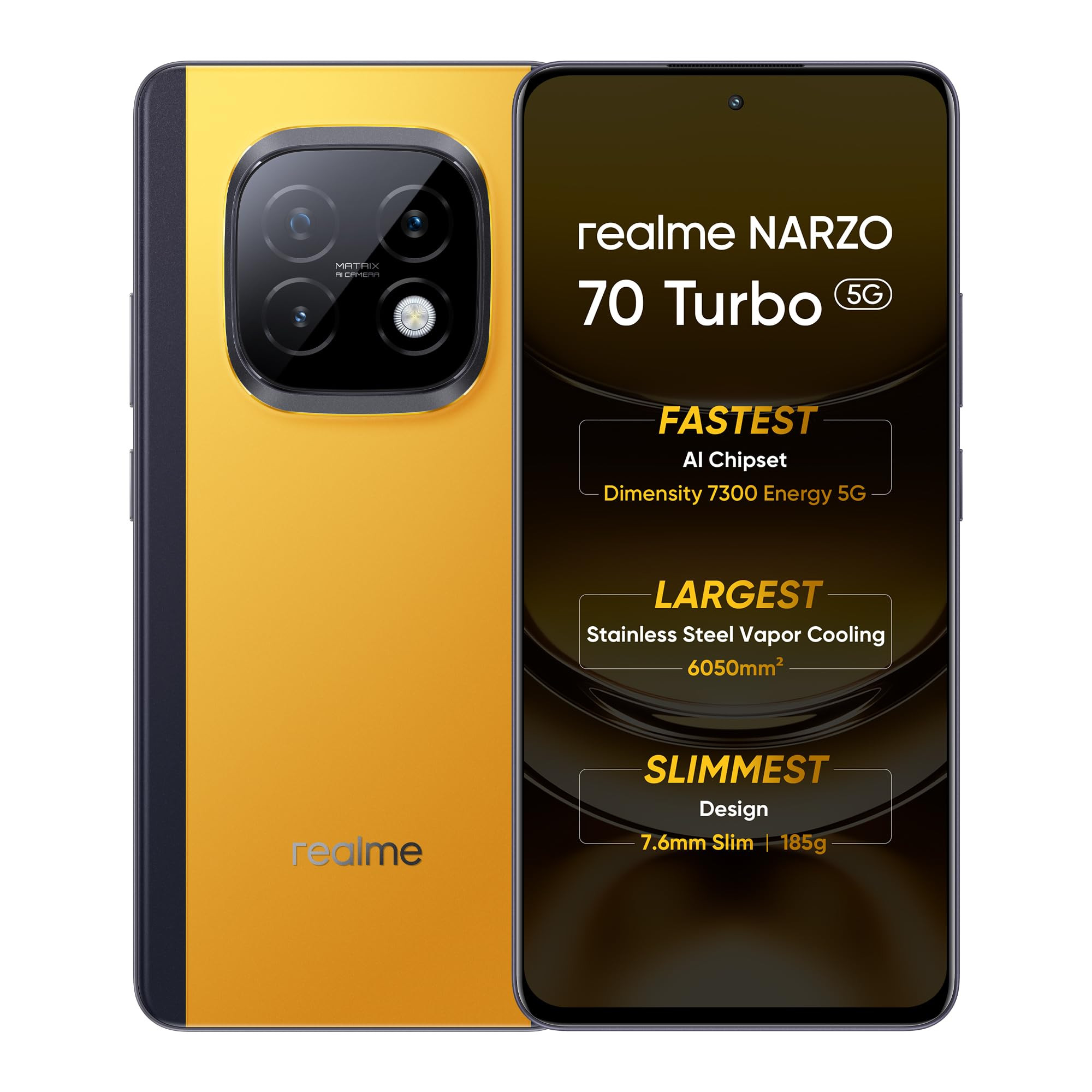 realme NARZO 70 Turbo 5G Turbo Yellow 8GB RAM 128GB Storage Segments Fastest Dimensity 7300 Energy 5G Chipset Motorsports Inspired Design
