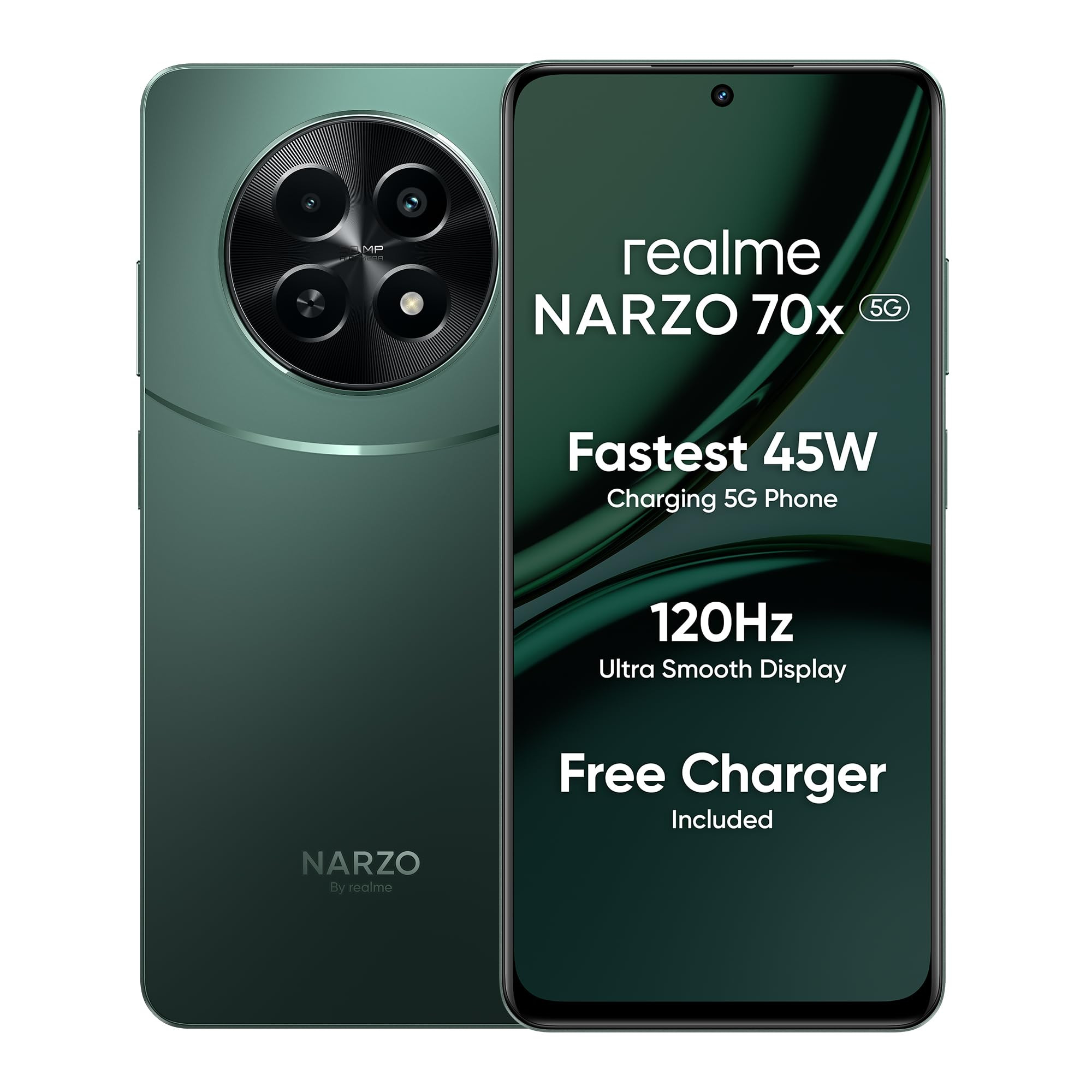 realme NARZO 70x 5G Forest Green4GB RAM 128GB Storage 120Hz Ultra Smooth Display Dimensity 6100 6nm 5G 50MP AI Camera45W Charger in The Box