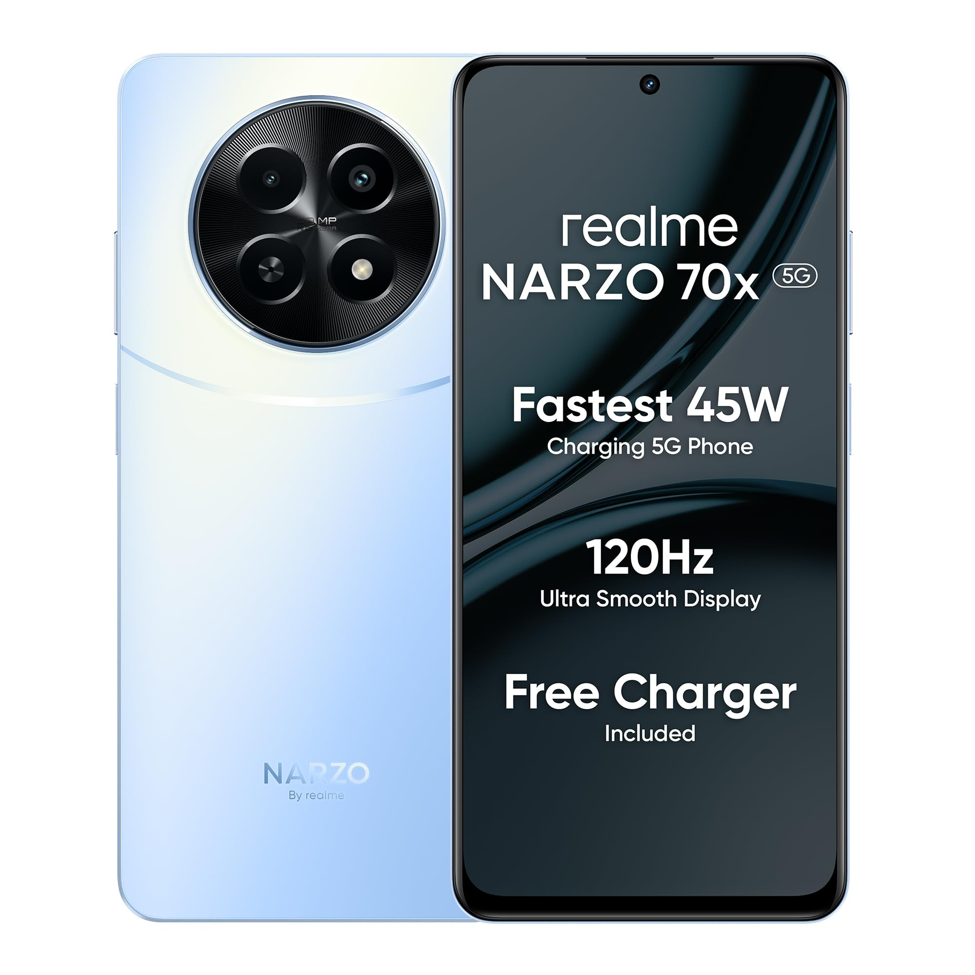 realme NARZO 70x 5G Ice Blue4GB RAM 128GB Storage 120Hz Ultra Smooth Display  Dimensity 6100 6nm 5G  50MP AI Camera  45W Charger in The Box